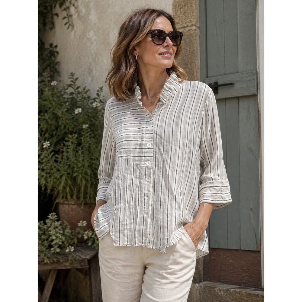 ALI‎ MILES Striped Asymmetrical Button Down Blouse Large NEW Linen Coastal